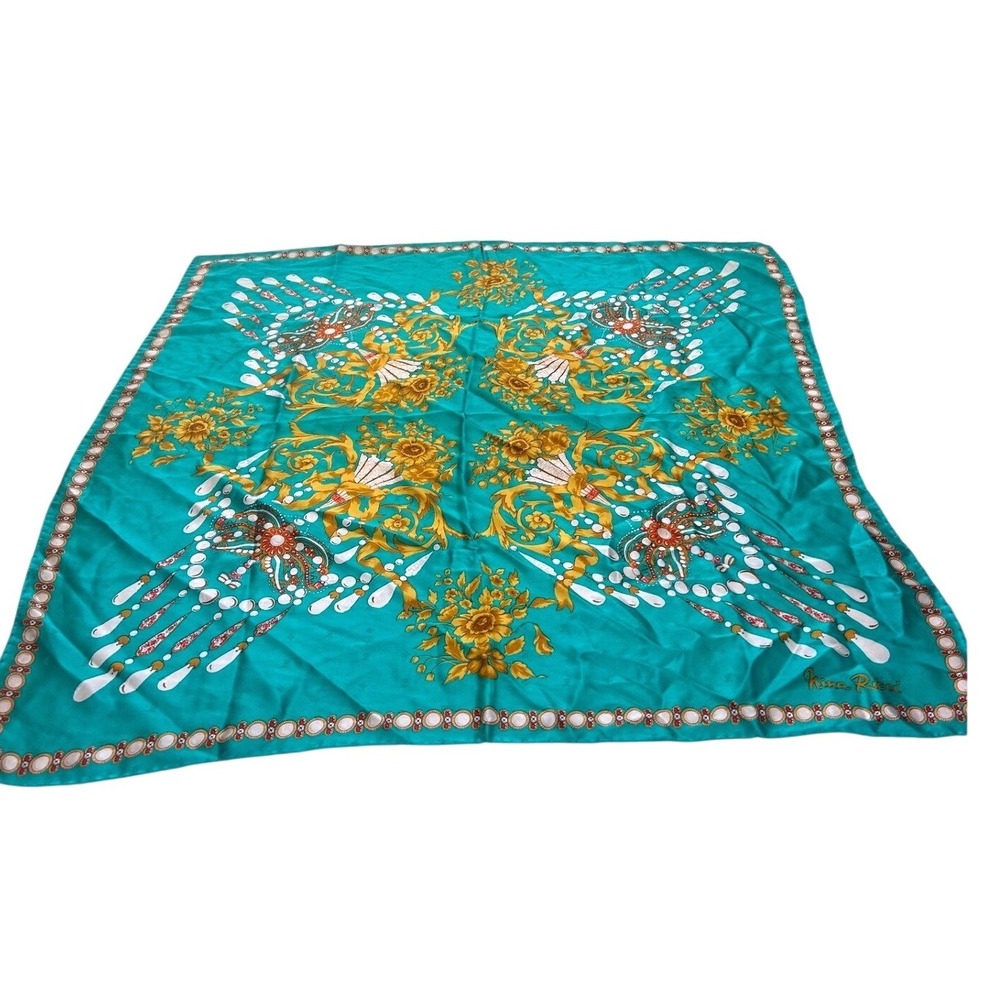 Nina Ricci Silk Scarf Teal Gold Floral Baroque Designer Square Fashion Accessory